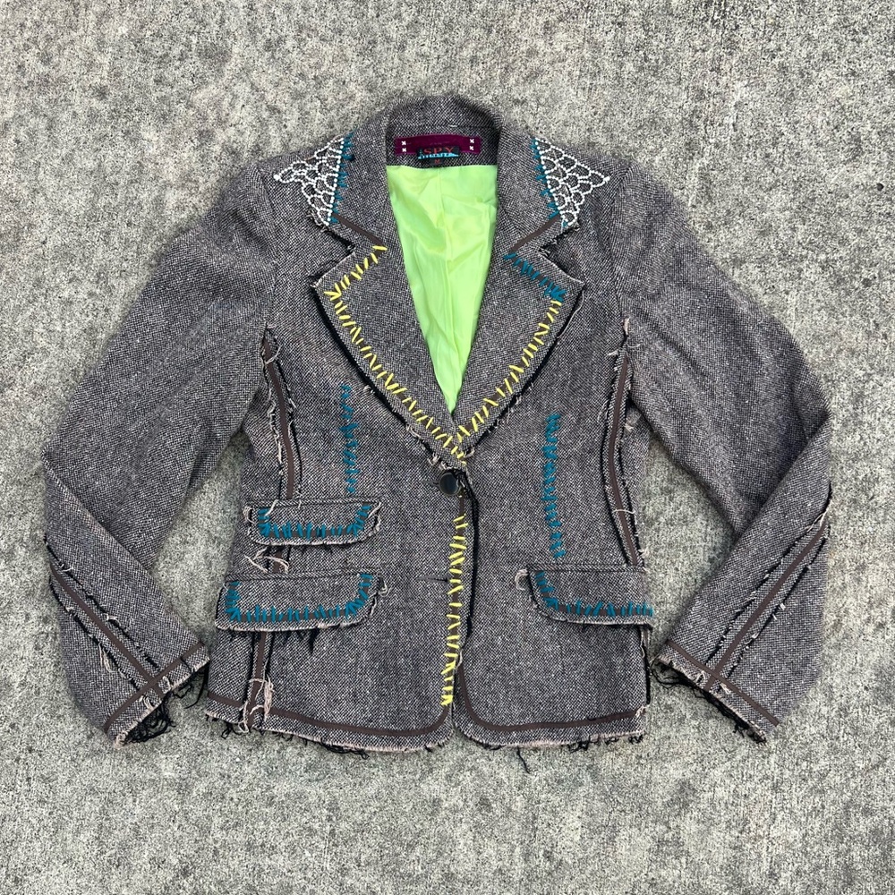 Spy Zone Exchange Grey Blazer Blue Yellow Stitch Punk Jacket Medium